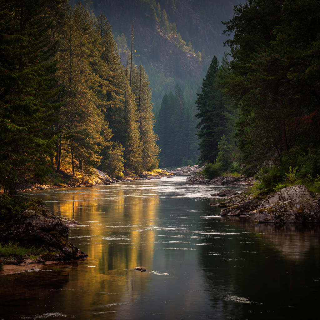 A wild river flowing through a forested mountain valley