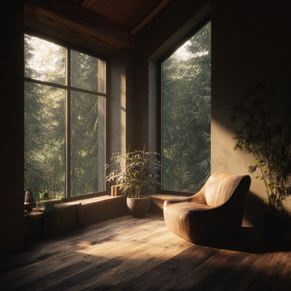 A sunlit room with a chair by a window looking out at forest