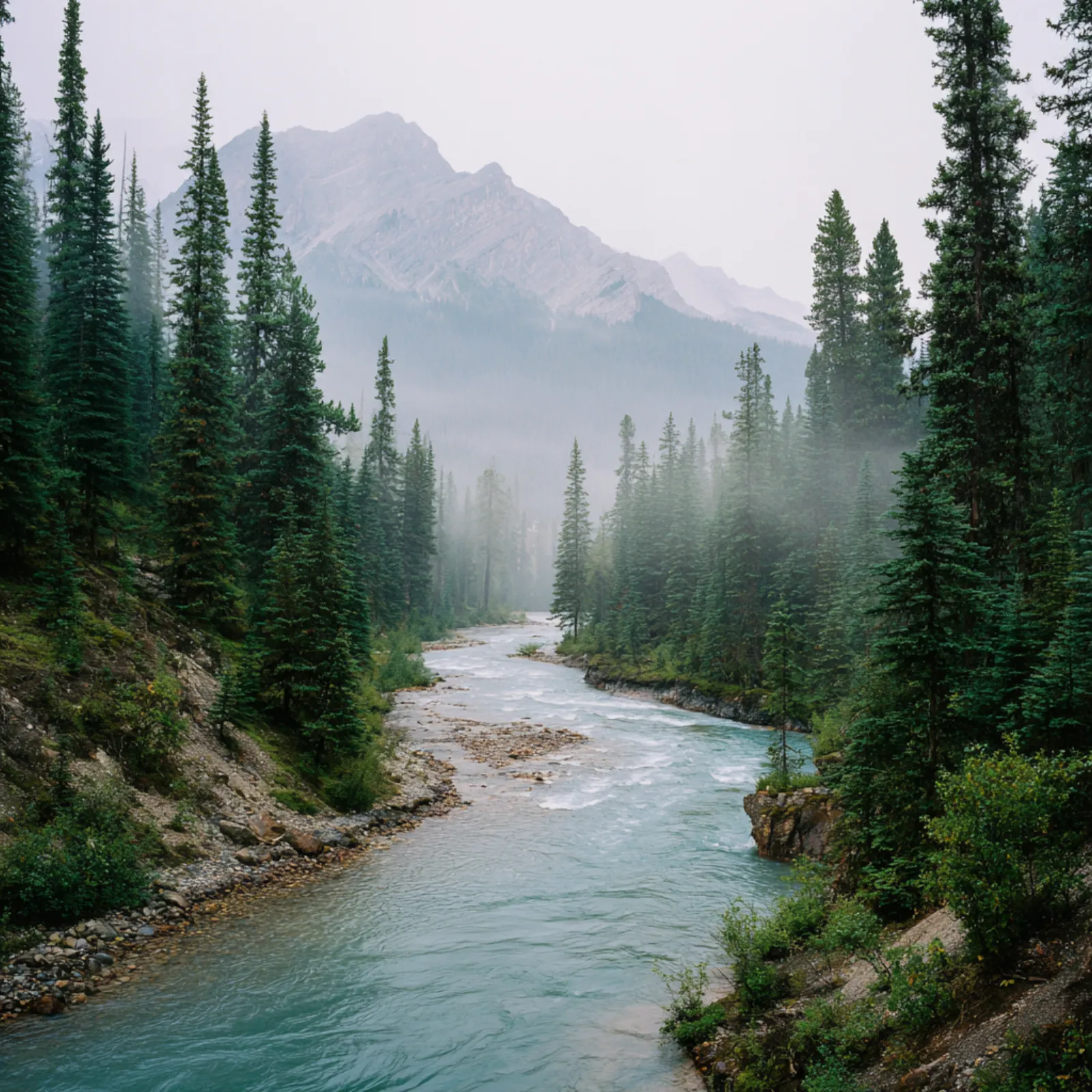 A misty mountain river winding through old-growth forest